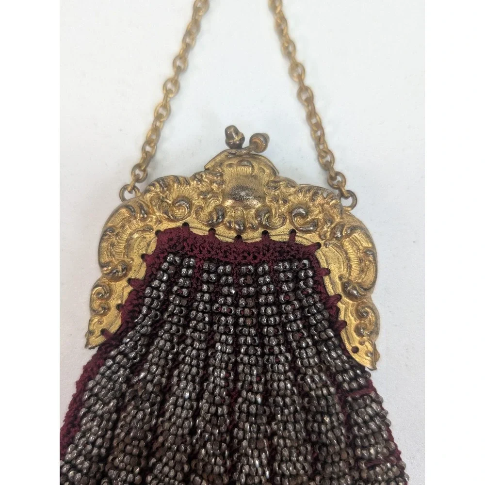 Vintage Beaded Micro Purse Clutch Bag Gold Tone Frame Ring Handle Germany